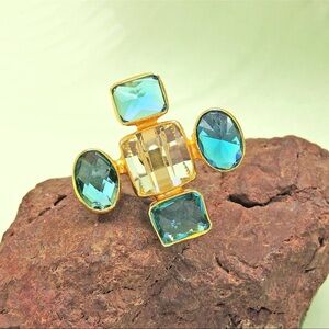 Gold-Plated Blue Crystal Statement Ring - Blue and Champagne